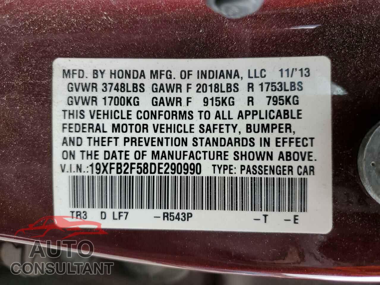 HONDA CIVIC 2013 - 19XFB2F58DE290990