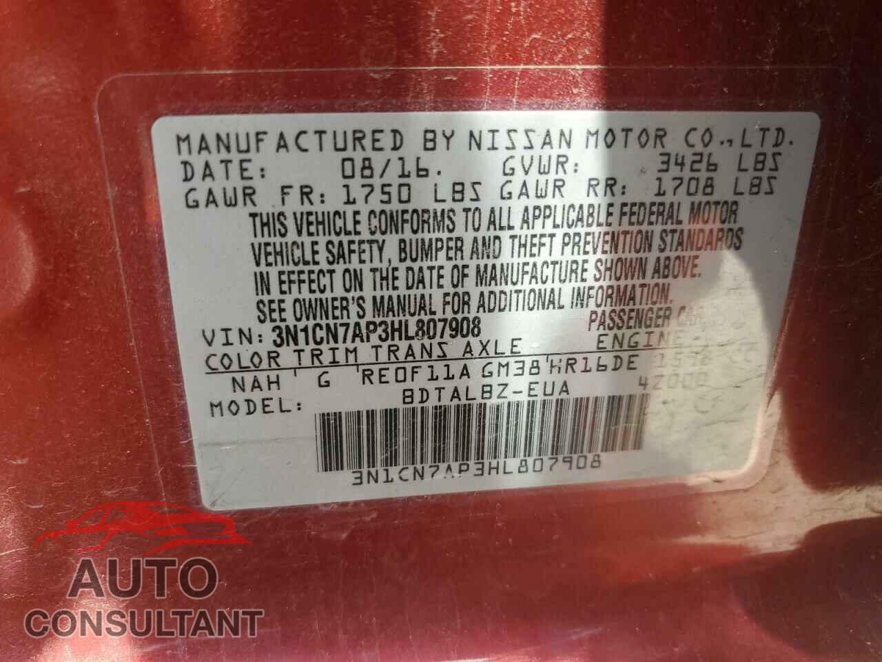 NISSAN VERSA 2017 - 3N1CN7AP3HL807908