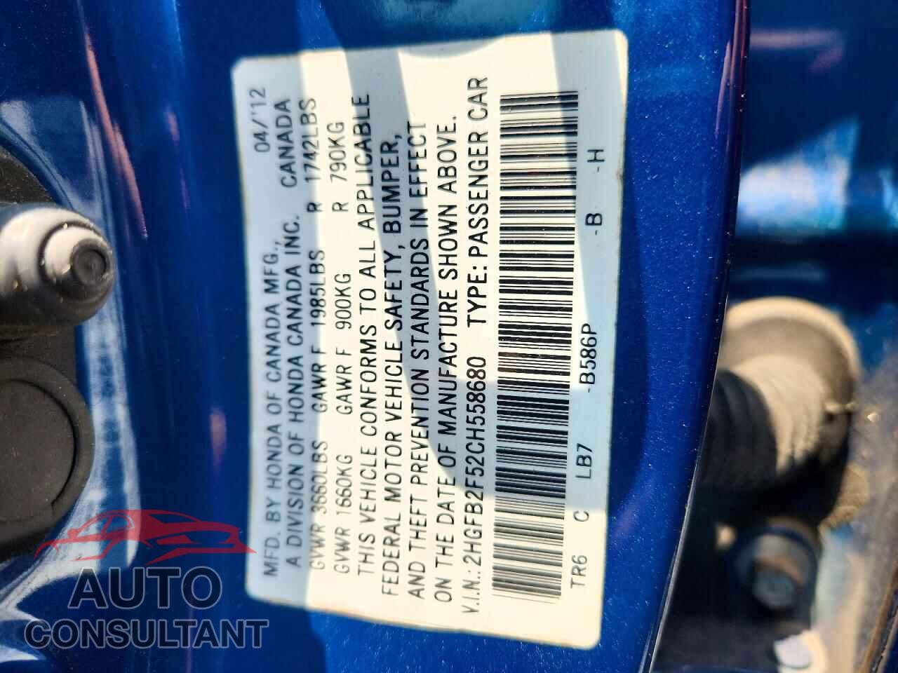 HONDA CIVIC 2012 - 2HGFB2F52CH558680