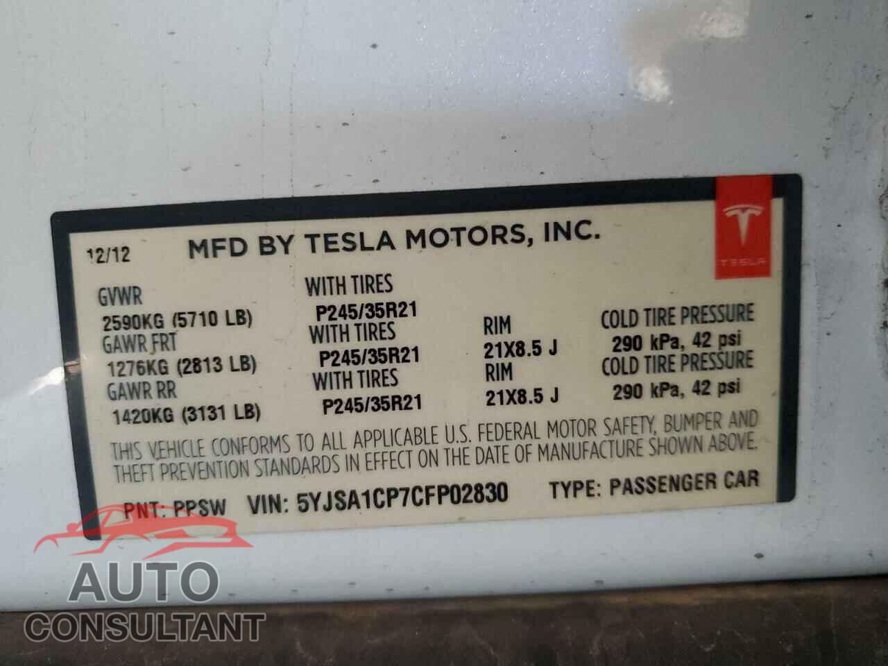 TESLA MODEL S 2012 - 5YJSA1CP7CFP02830