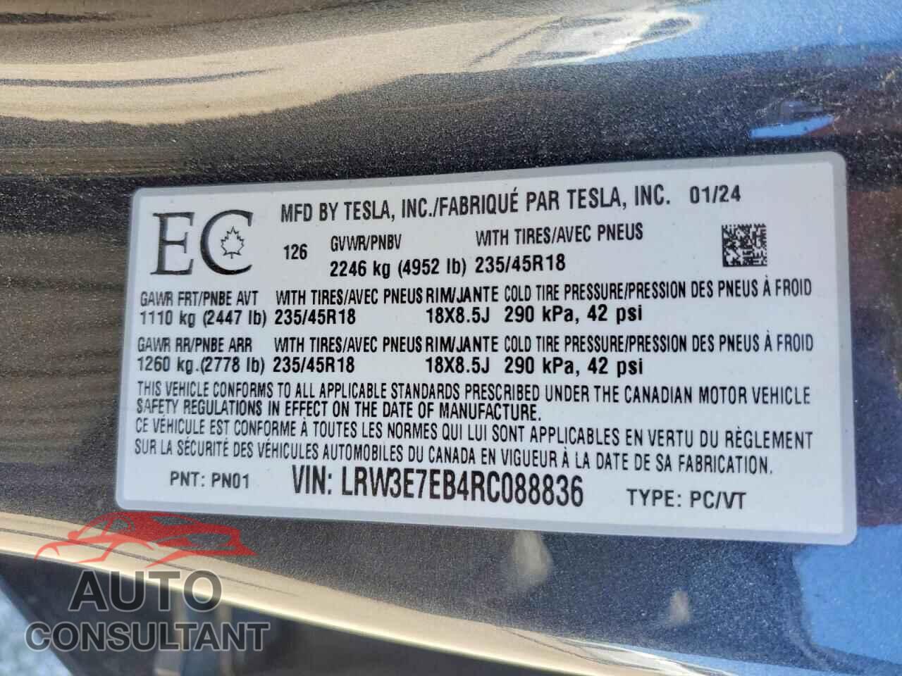 TESLA MODEL 3 2024 - LRW3E7EB4RC088836