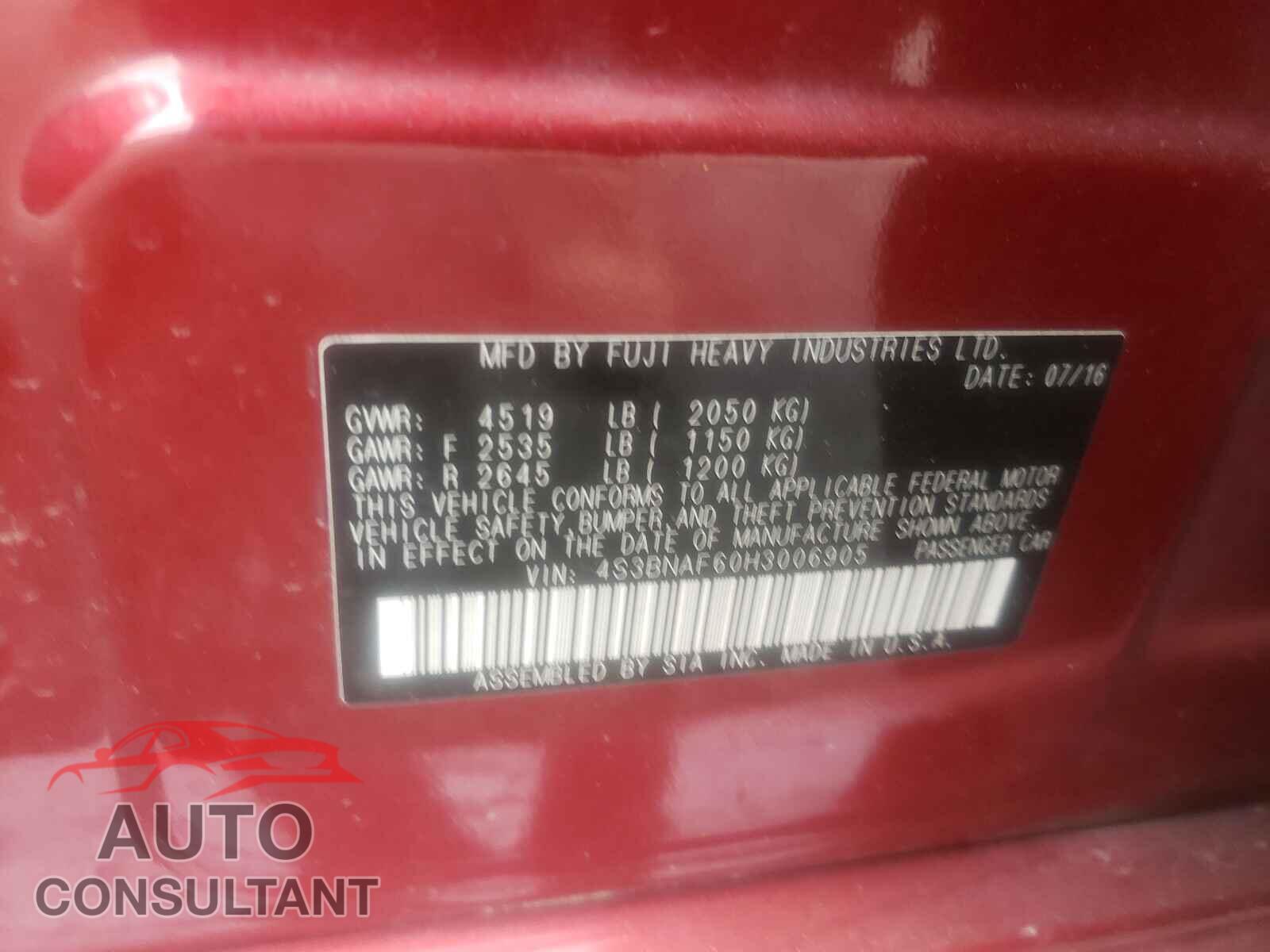 SUBARU LEGACY 2017 - 4S3BNAF60H3006905