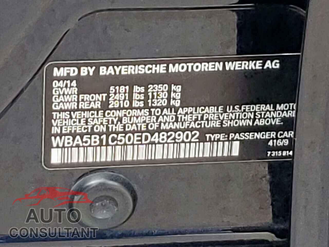 BMW 5 SERIES 2014 - WBA5B1C50ED482902