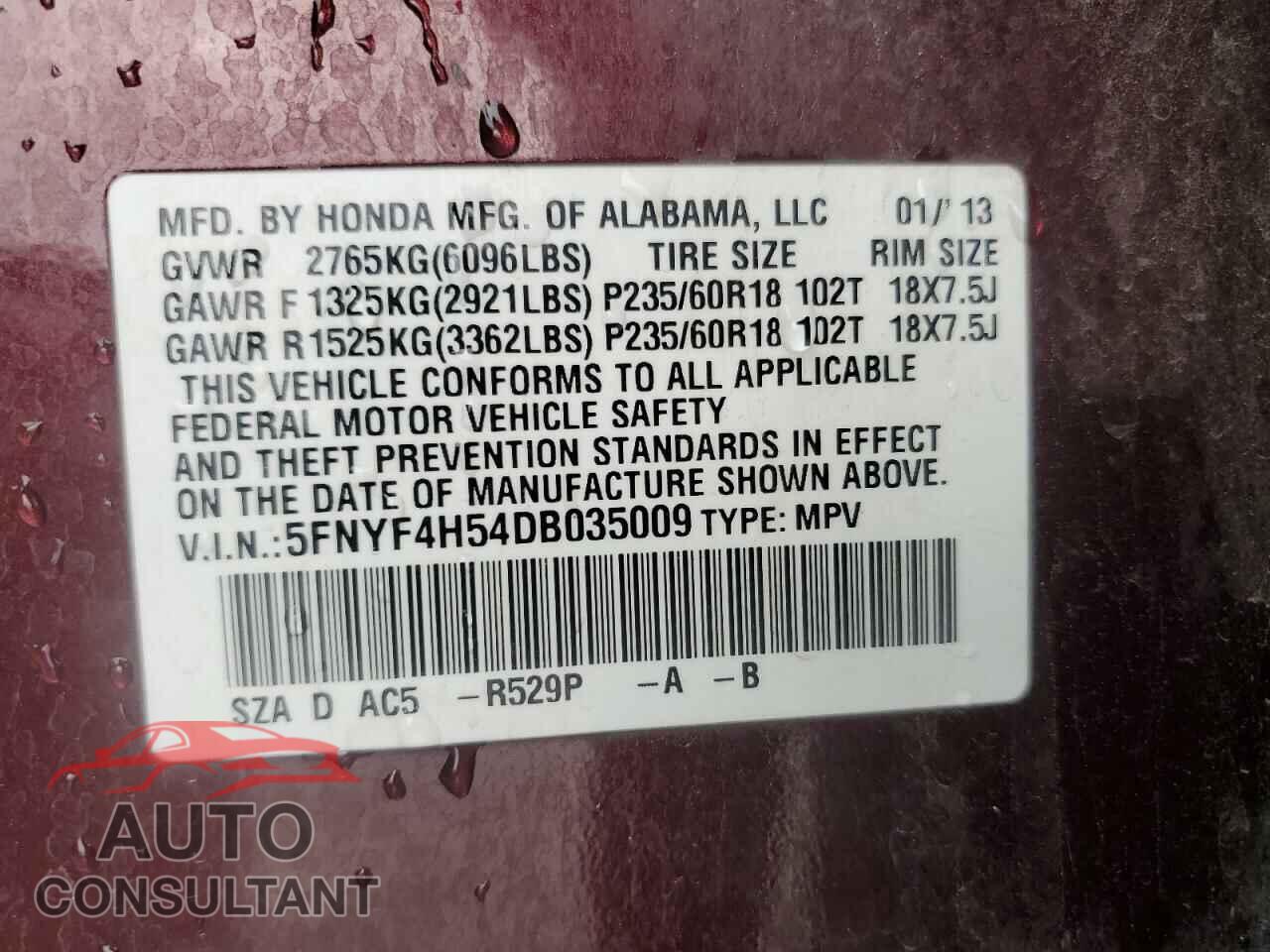 HONDA PILOT 2013 - 5FNYF4H54DB035009