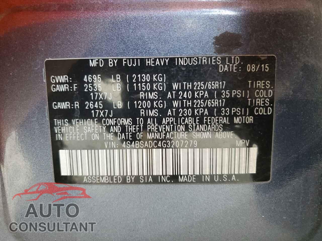 SUBARU OUTBACK 2016 - 4S4BSADC4G3207279