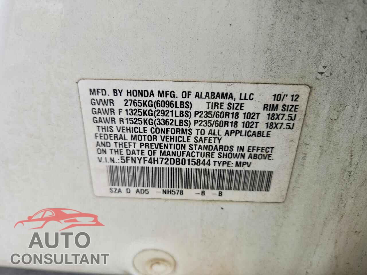 HONDA PILOT 2013 - 5FNYF4H72DB015844