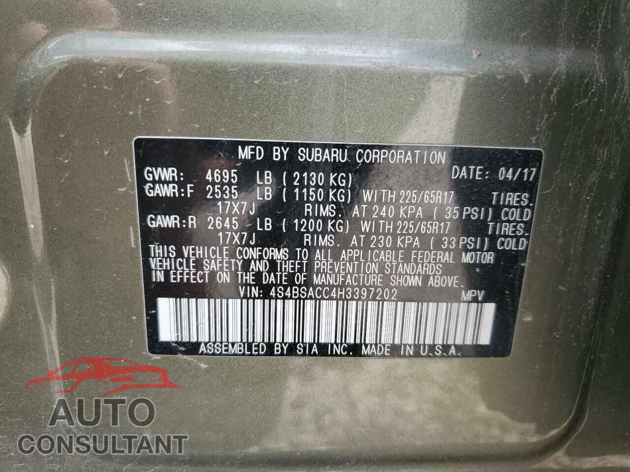 SUBARU OUTBACK 2017 - 4S4BSACC4H3397202