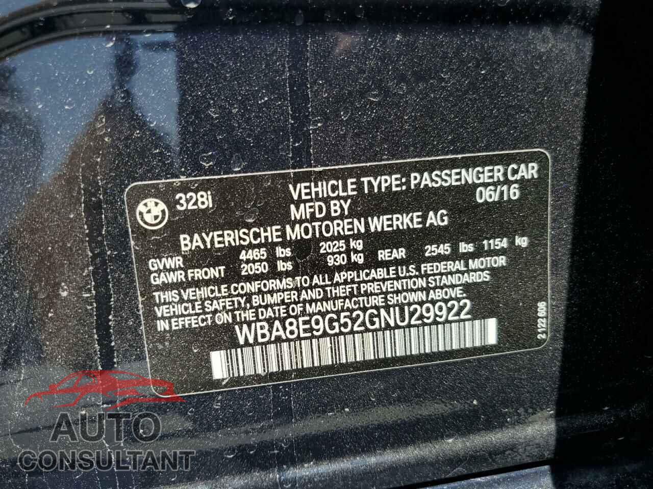 BMW 3 SERIES 2016 - WBA8E9G52GNU29922
