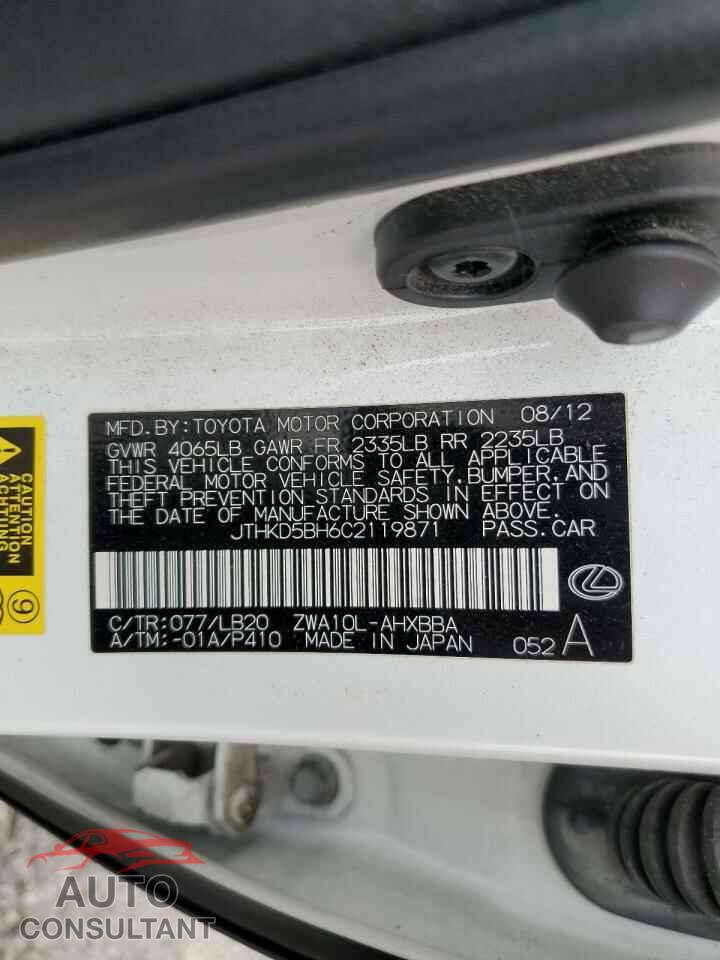 LEXUS CT 200 2012 - JTHKD5BH6C2119871