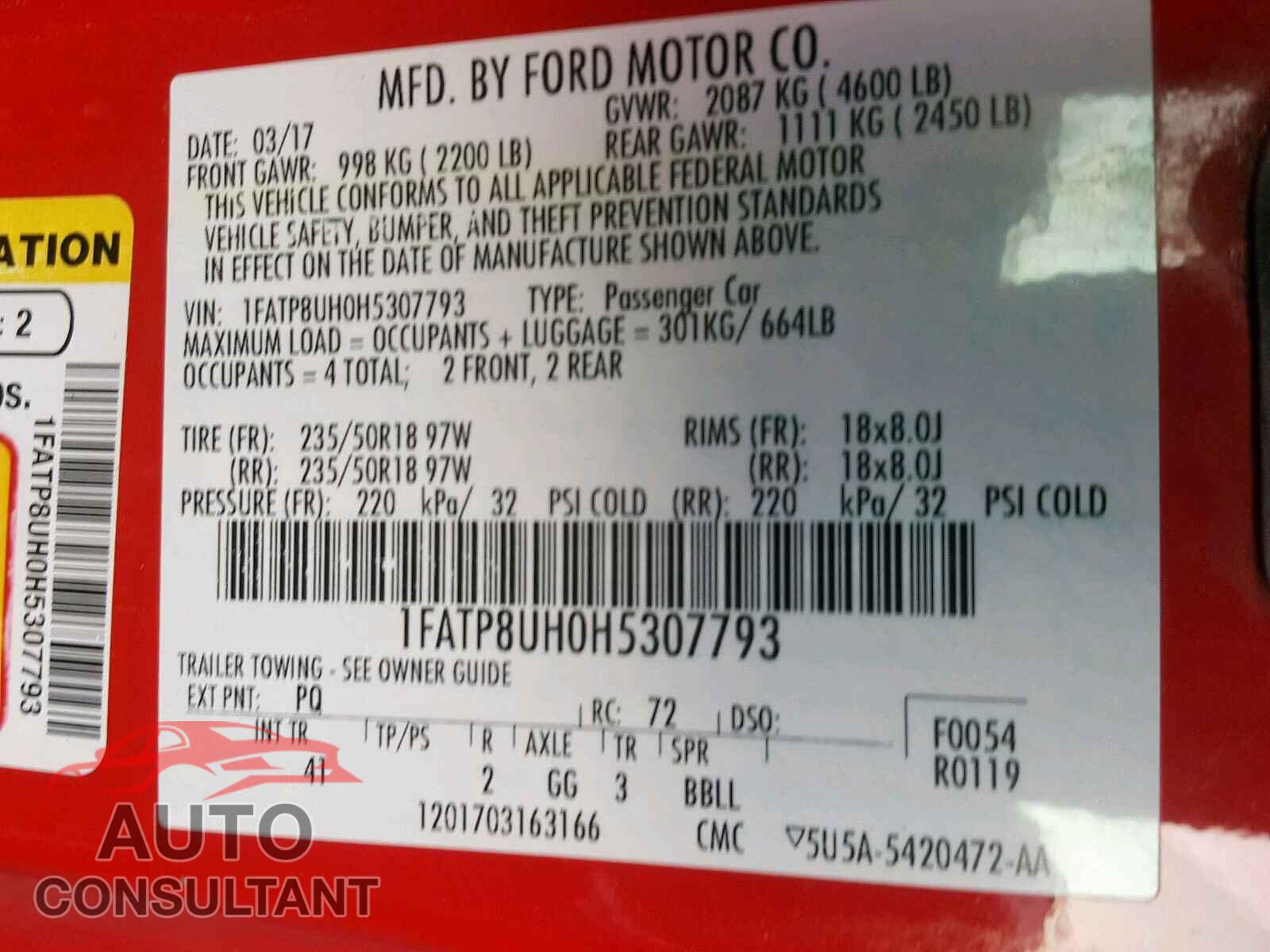 FORD MUSTANG 2017 - 1FATP8UH0H5307793