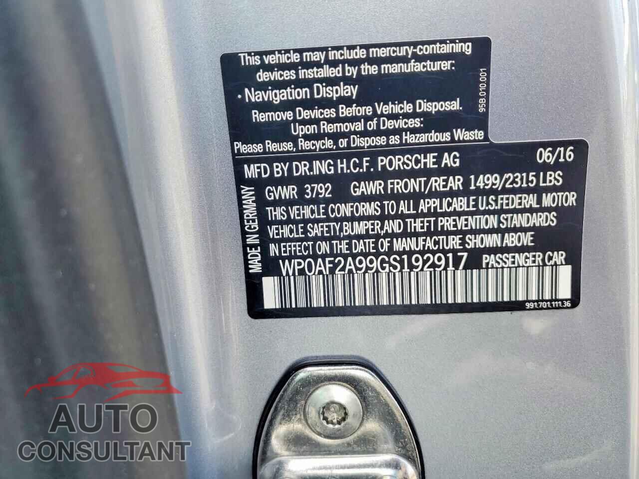 PORSCHE 911 2016 - WP0AF2A99GS192917