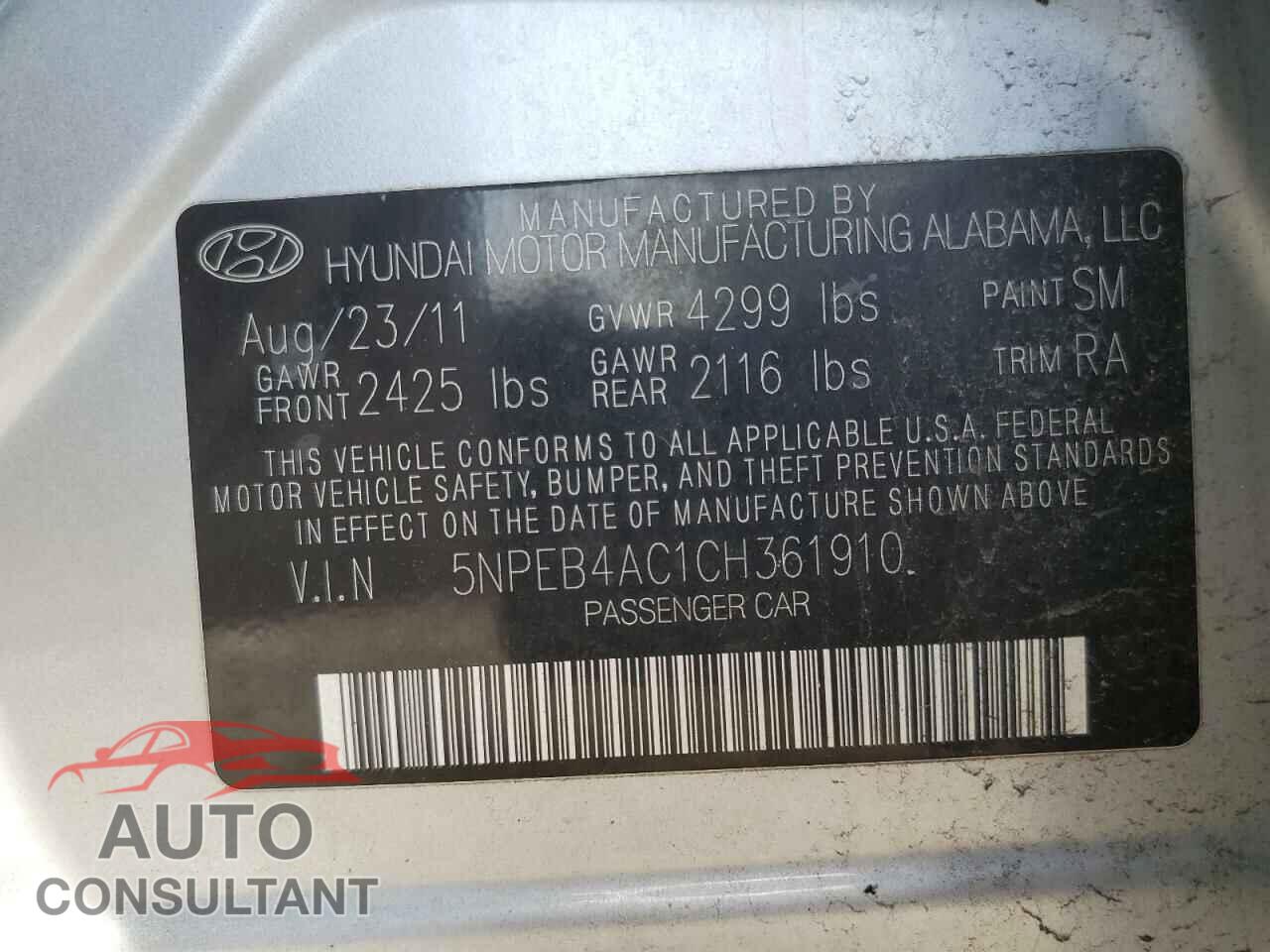 HYUNDAI SONATA 2012 - 5NPEB4AC1CH361910
