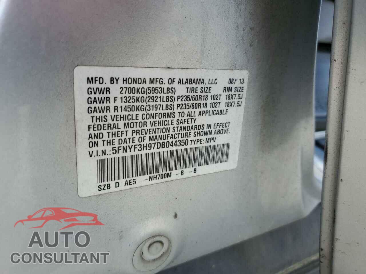 HONDA PILOT 2013 - 5FNYF3H97DB044350