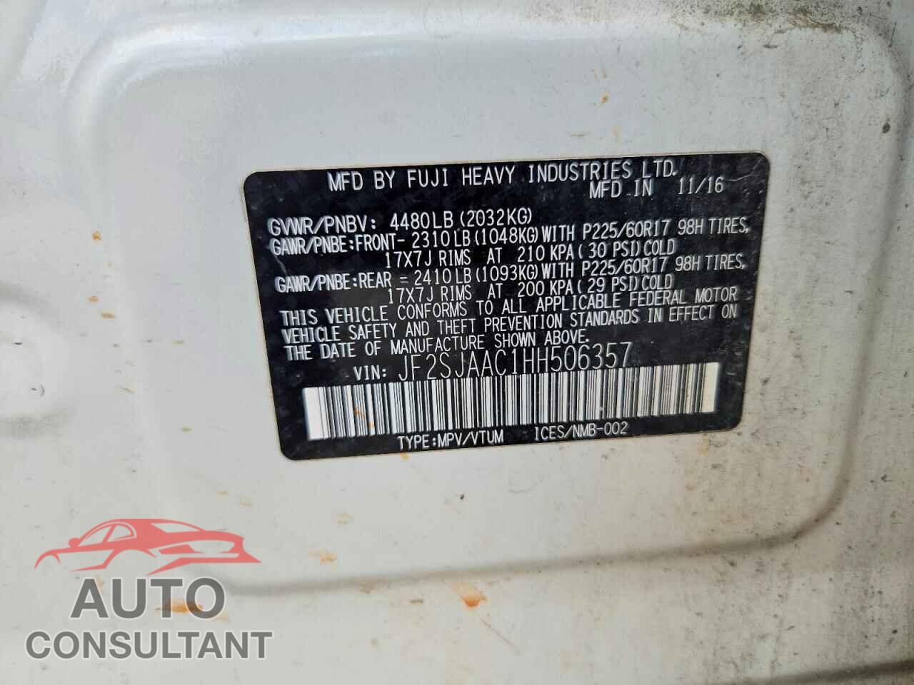 SUBARU FORESTER 2017 - JF2SJAAC1HH506357