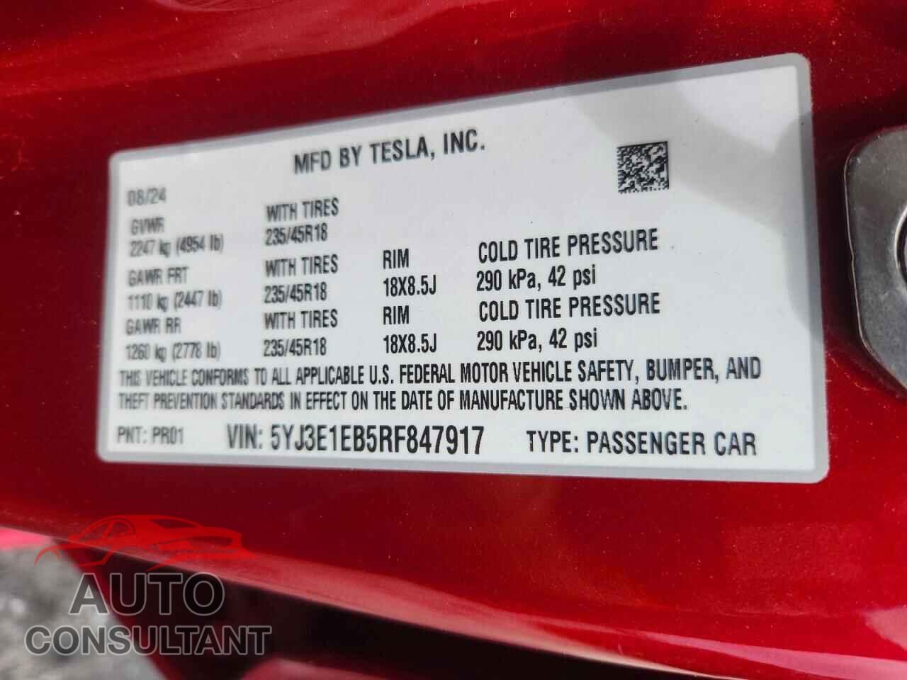 TESLA MODEL 3 2024 - 5YJ3E1EB5RF847917