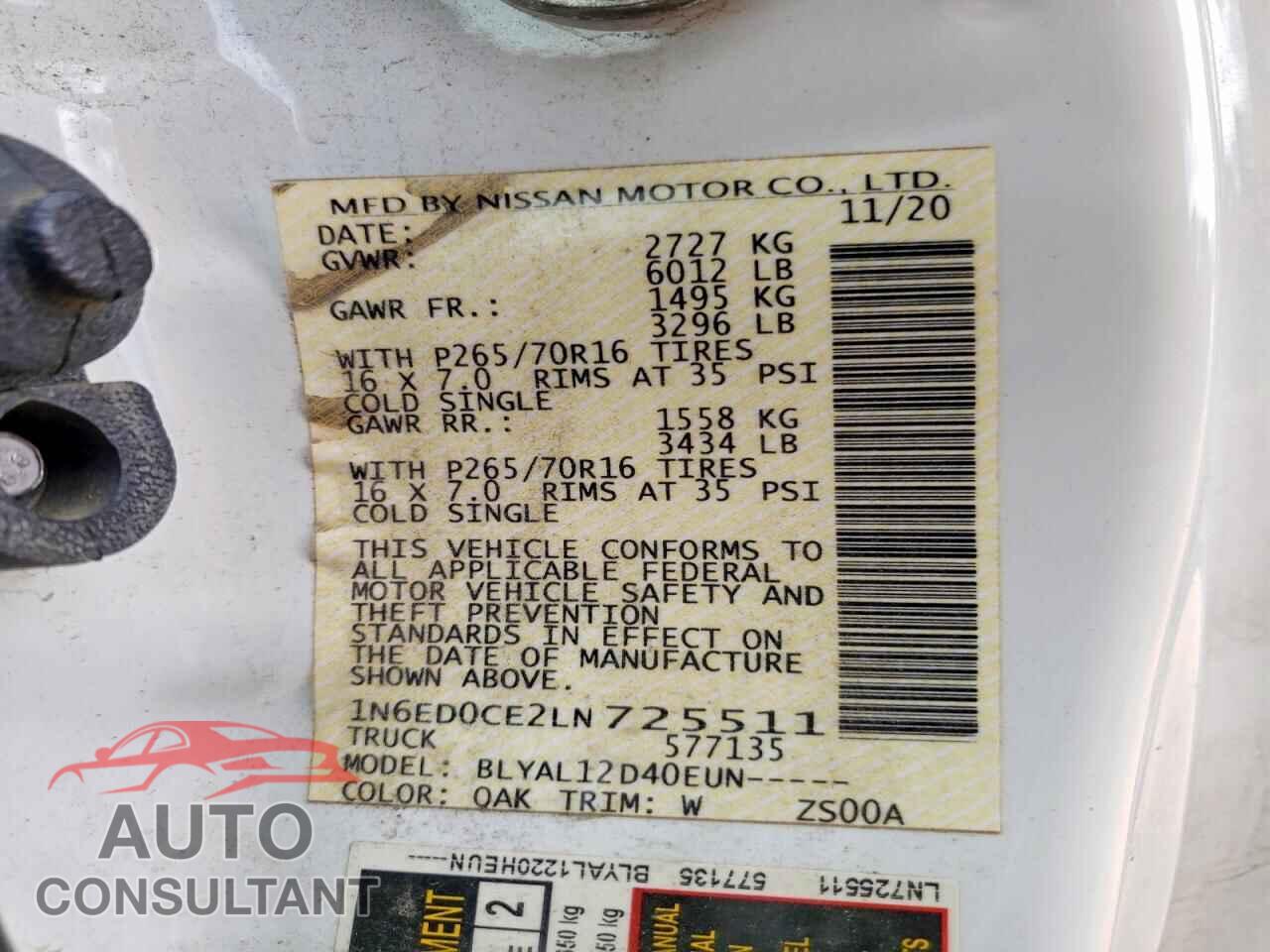 NISSAN FRONTIER 2020 - 1N6ED0CE2LN725511