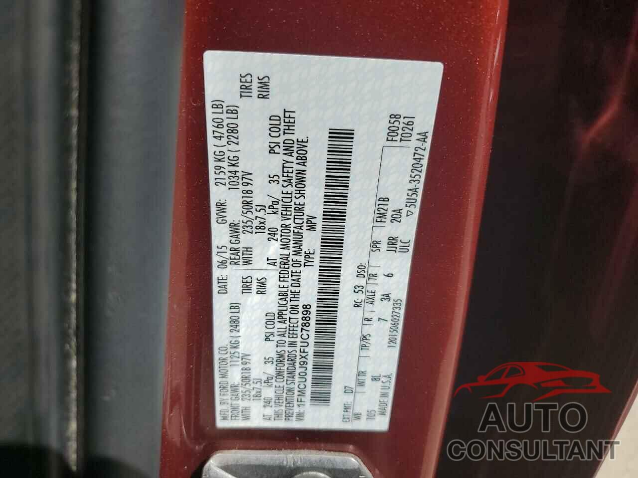 FORD ESCAPE 2015 - 1FMCU0J9XFUC78898