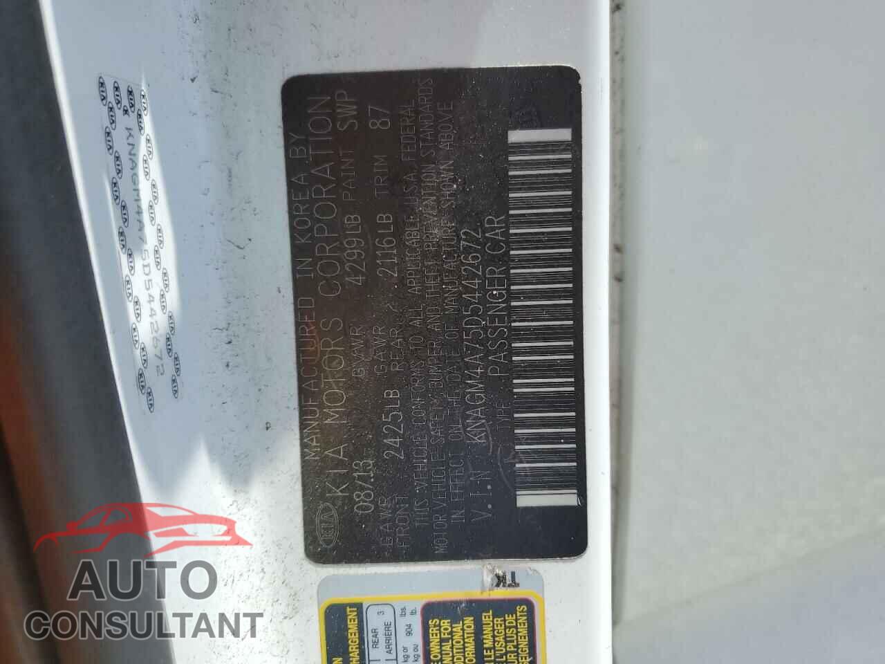 KIA OPTIMA 2013 - KNAGM4A75D5442672