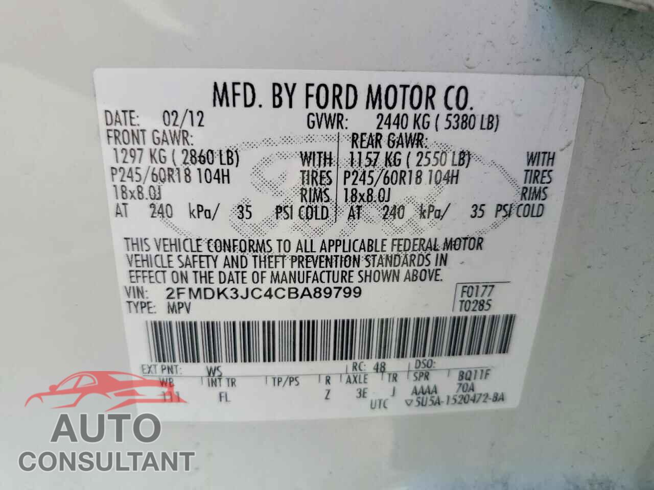 FORD EDGE 2012 - 2FMDK3JC4CBA89799