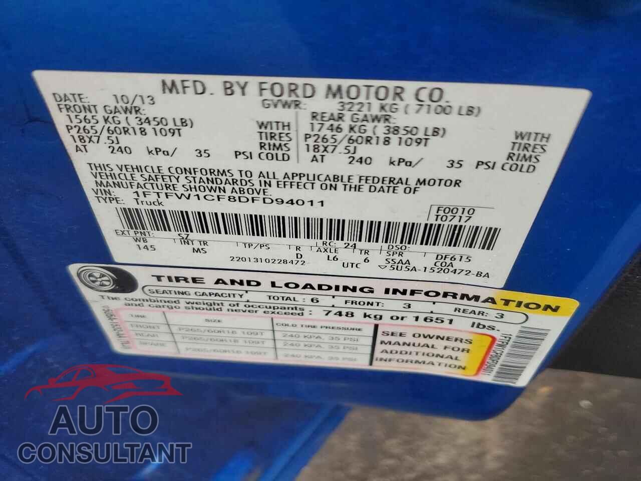 FORD F150 2013 - 1FTFW1CF8DFD94011