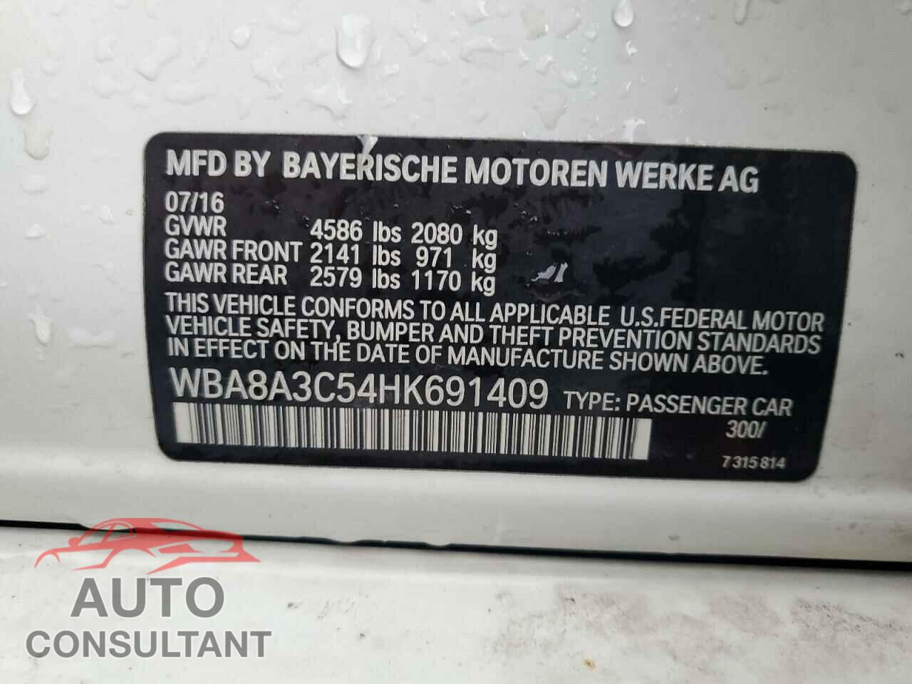 BMW 3 SERIES 2017 - WBA8A3C54HK691409