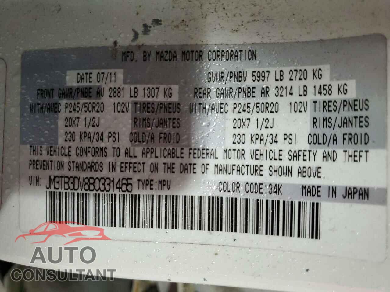 MAZDA CX-9 2011 - JM3TB3DV8B0331465