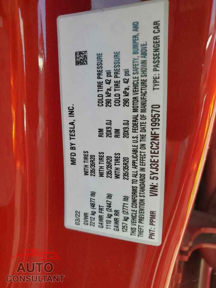 TESLA MODEL 3 2022 - 5YJ3E1EC2NF199570