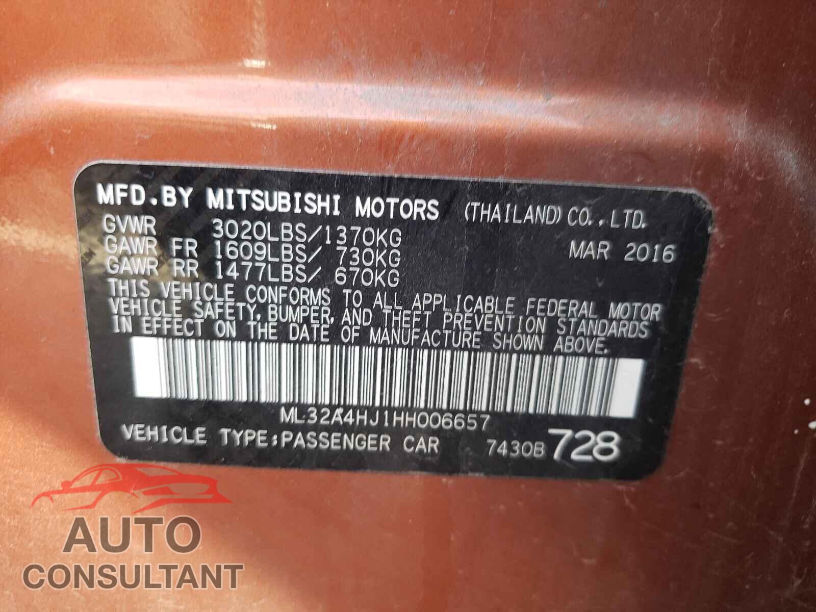 MITSUBISHI MIRAGE 2017 - ML32A4HJ1HH006657
