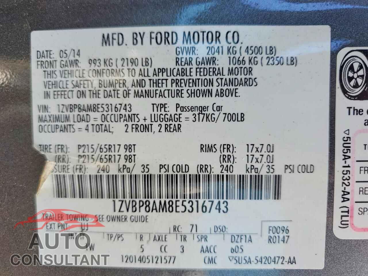 FORD MUSTANG 2014 - 1ZVBP8AM8E5316743