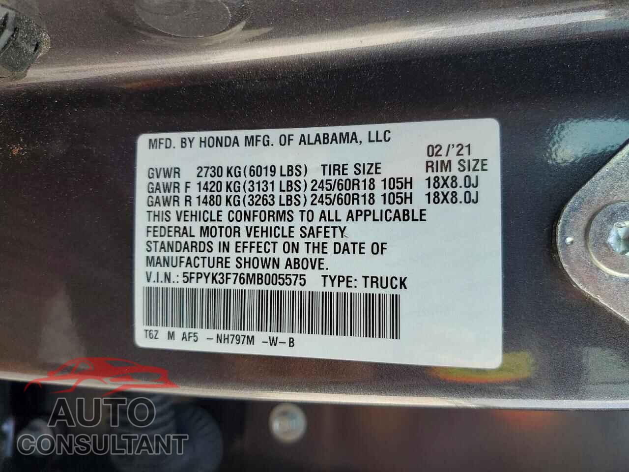 HONDA RIDGELINE 2021 - 5FPYK3F76MB005575
