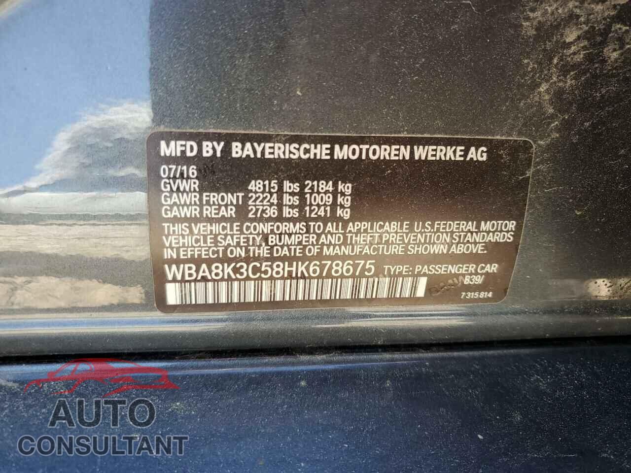 BMW 3 SERIES 2017 - WBA8K3C58HK678675