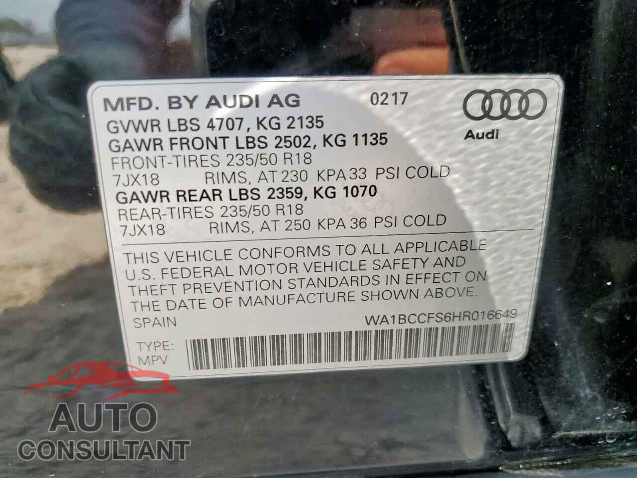 AUDI Q3 2017 - WA1BCCFS6HR016649
