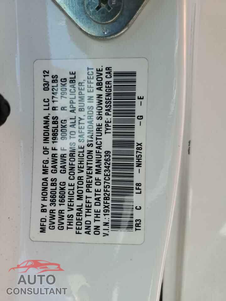 HONDA CIVIC 2012 - 19XFB2F57CE342639