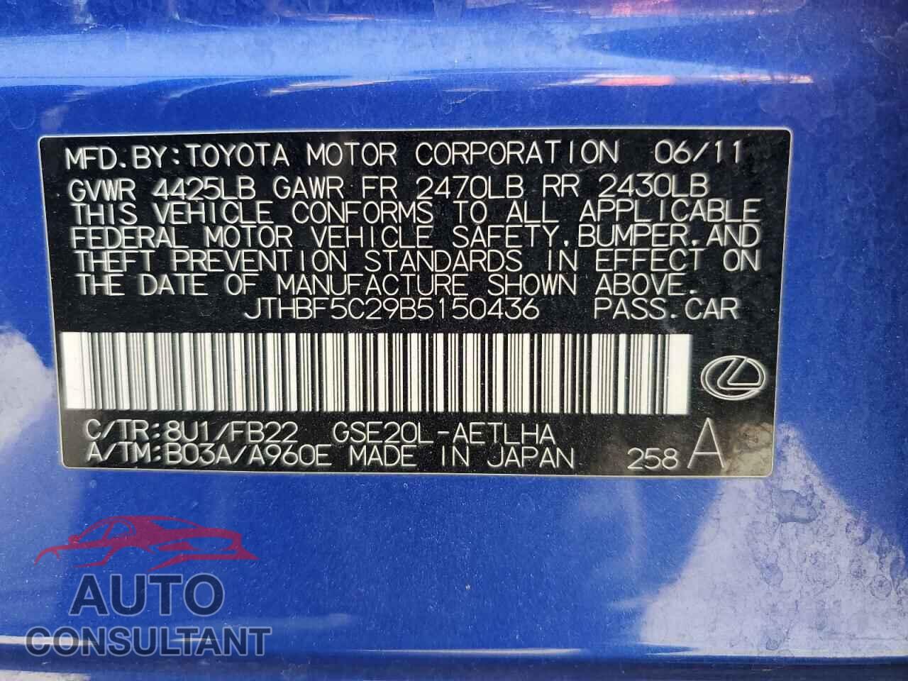 LEXUS IS 2011 - JTHBF5C29B5150436