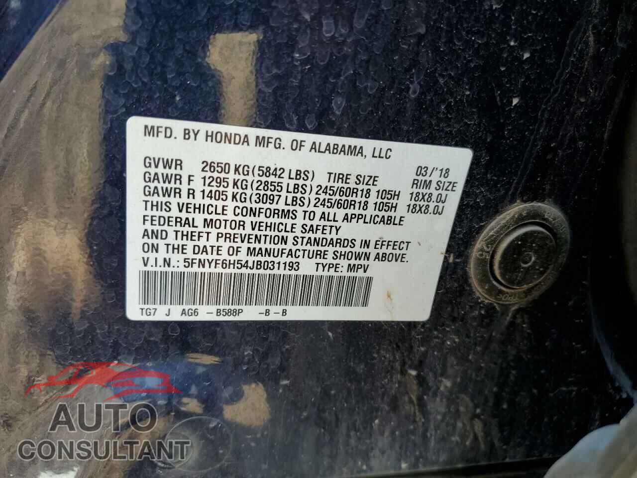 HONDA PILOT 2018 - 5FNYF6H54JB031193