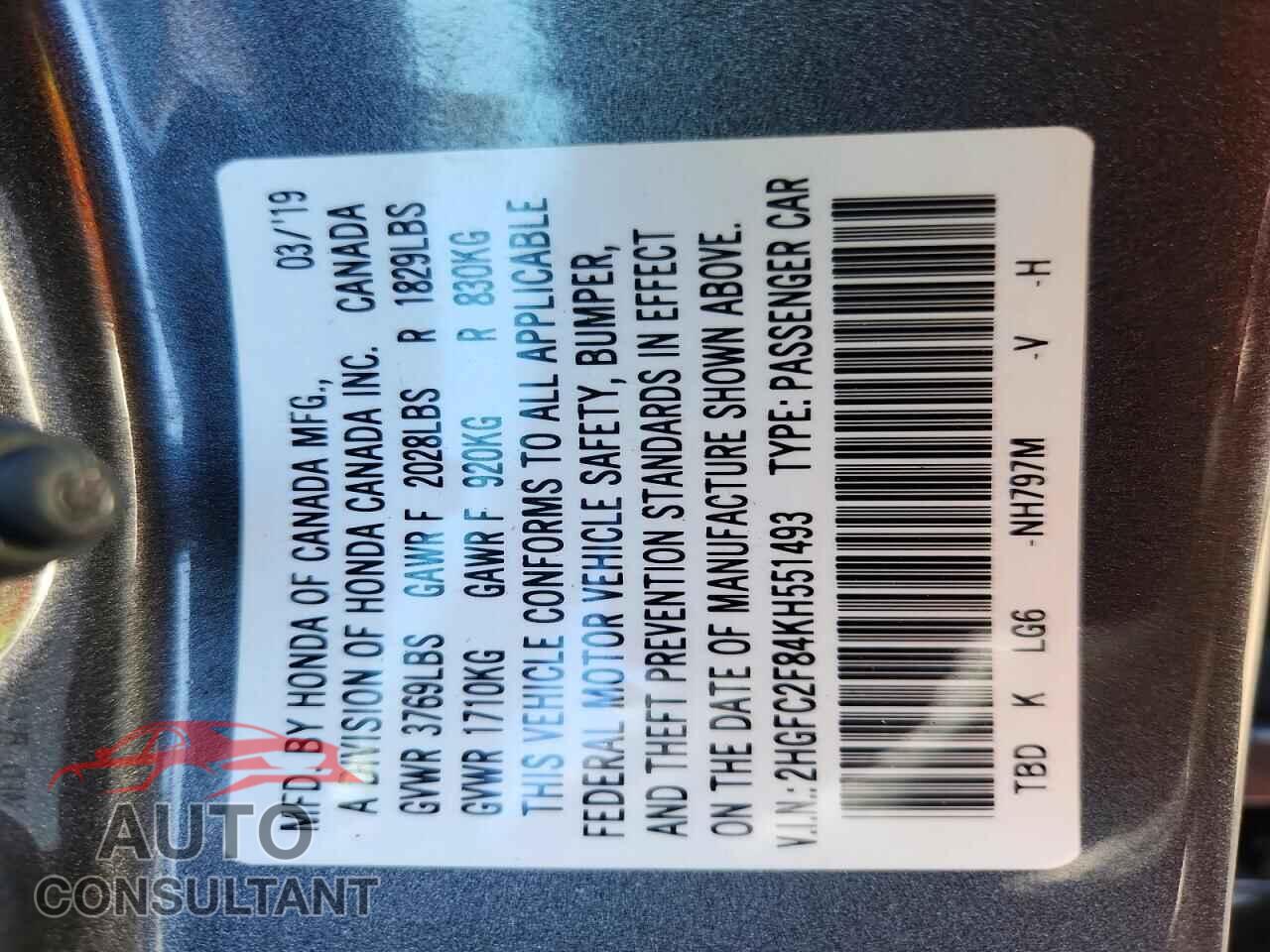 HONDA CIVIC 2019 - 2HGFC2F84KH551493