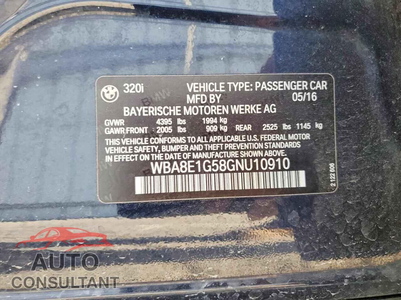 BMW 3 SERIES 2016 - WBA8E1G58GNU10910