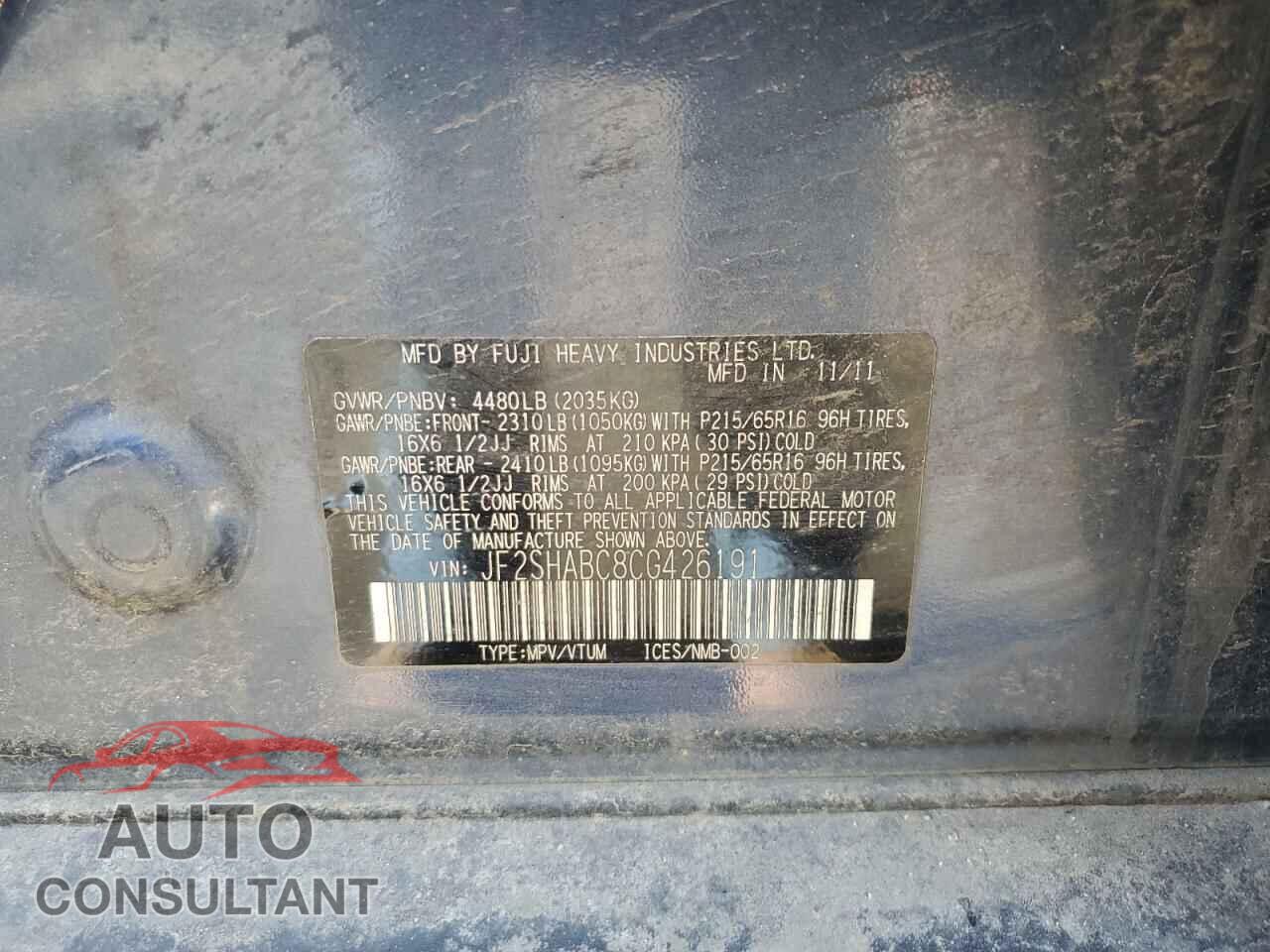 SUBARU FORESTER 2012 - JF2SHABC8CG426191
