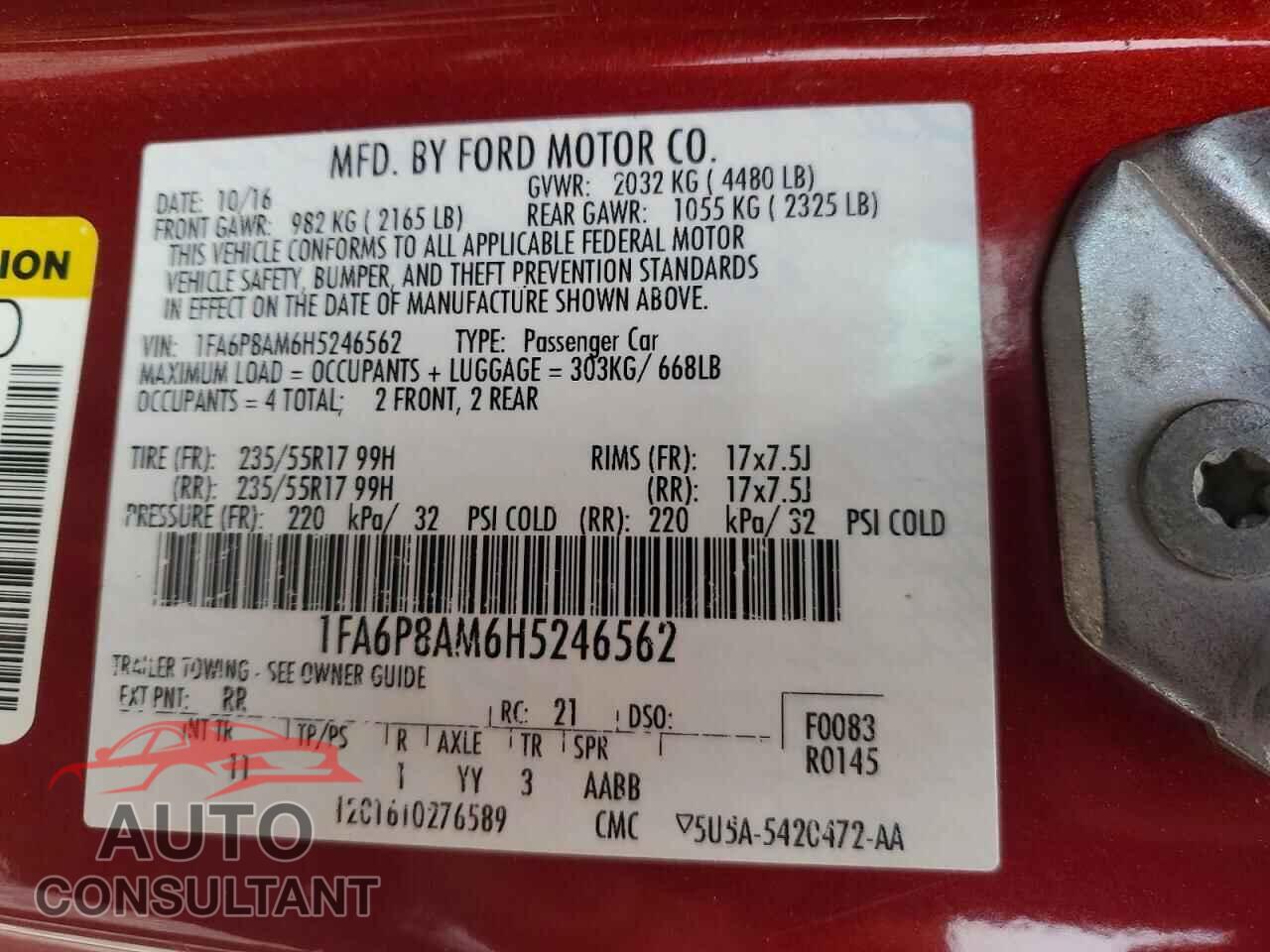 FORD MUSTANG 2017 - 1FA6P8AM6H5246562