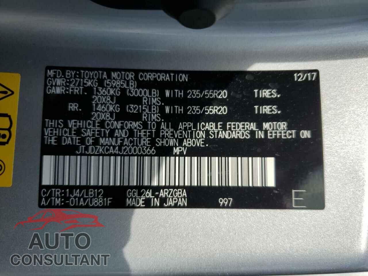 LEXUS RX350 2018 - JTJDZKCA4J2000366