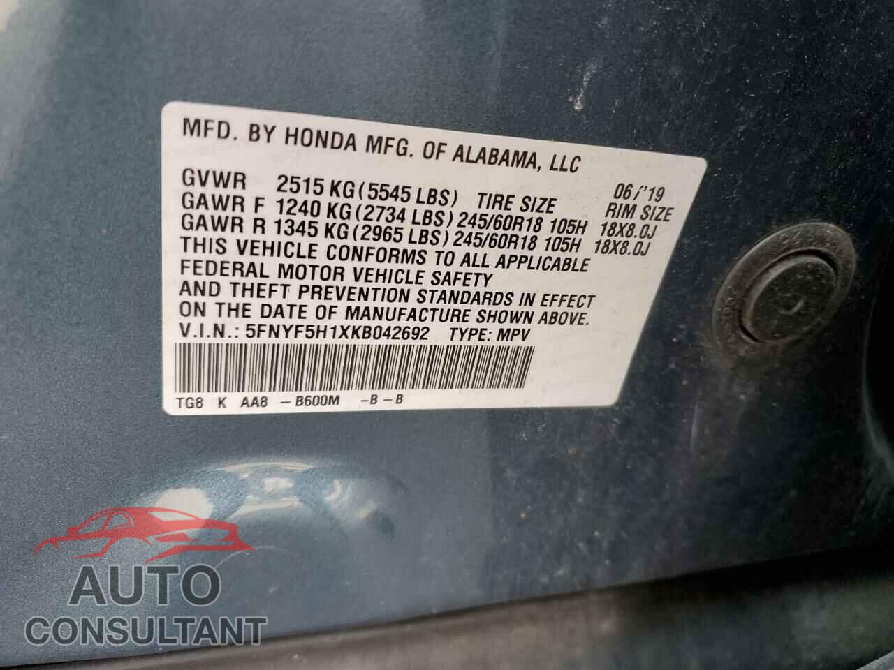 HONDA PILOT 2019 - 5FNYF5H1XKB042692