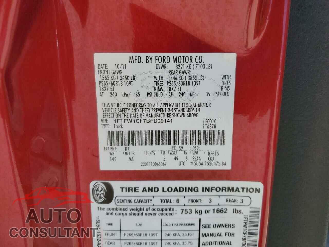 FORD F-150 2011 - 1FTFW1CF7BFD09141