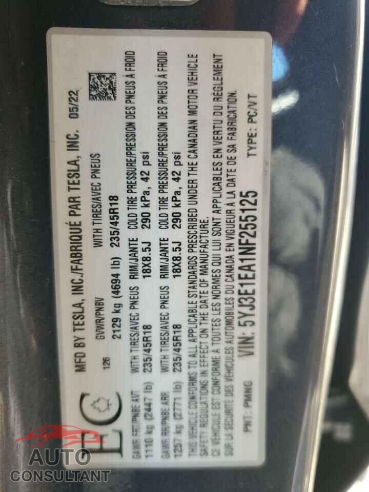 TESLA MODEL 3 2022 - 5YJ3E1EA1NF255125
