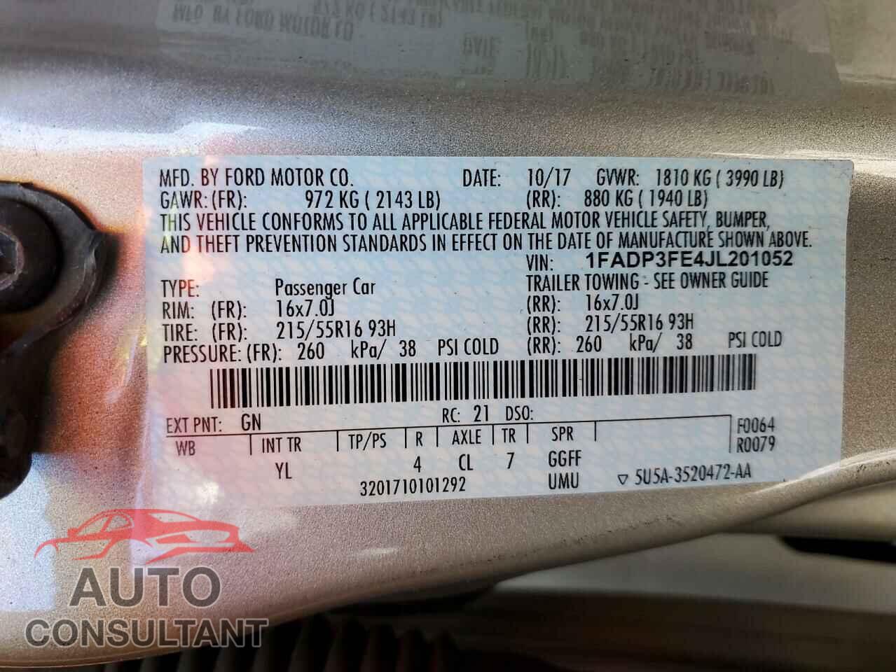 FORD FOCUS 2018 - 1FADP3FE4JL201052