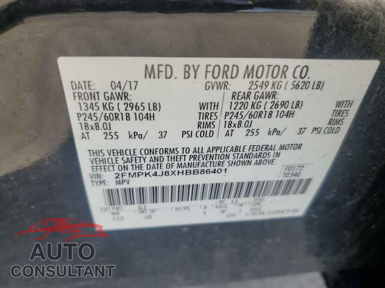 FORD EDGE 2017 - 2FMPK4J8XHBB86401