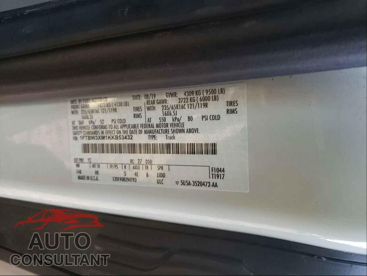 FORD TRANSIT CO 2019 - 1FTBW3XM1KKB53432