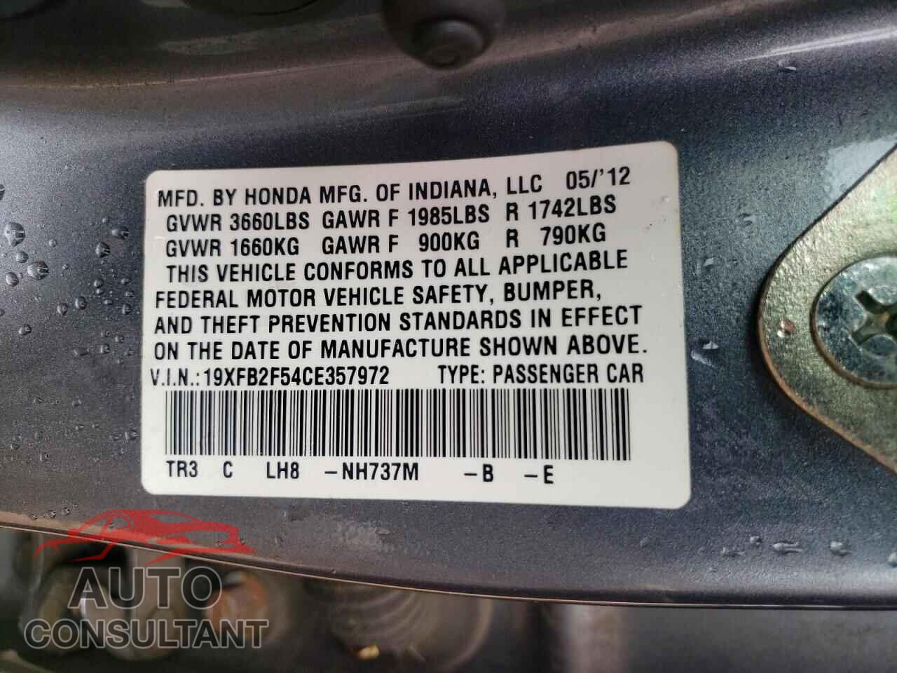 HONDA CIVIC 2012 - 19XFB2F54CE357972
