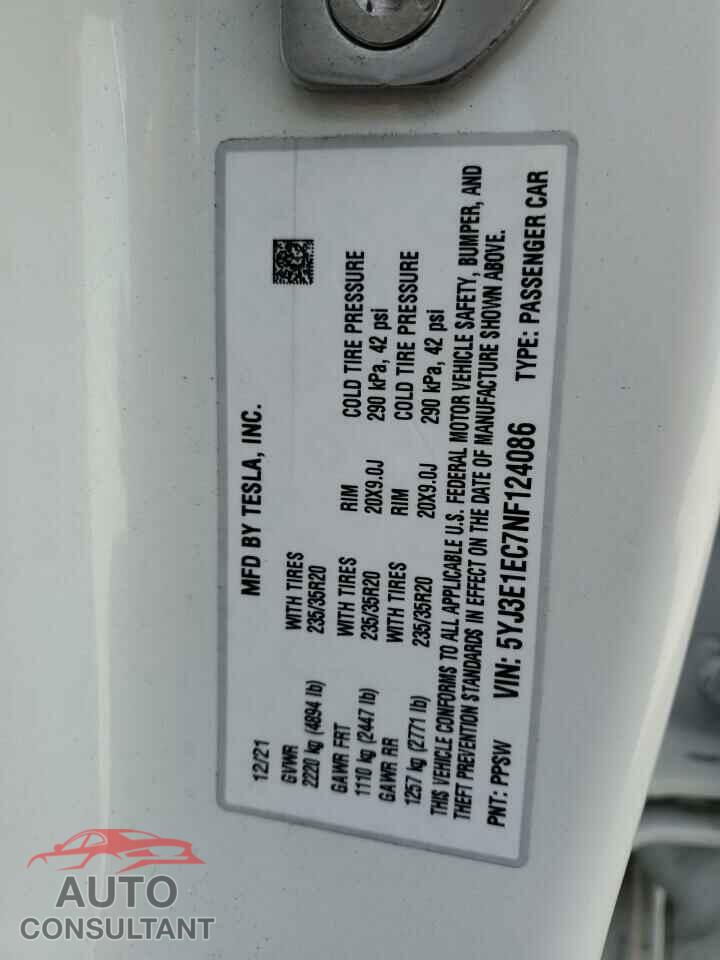 TESLA MODEL 3 2022 - 5YJ3E1EC7NF124086