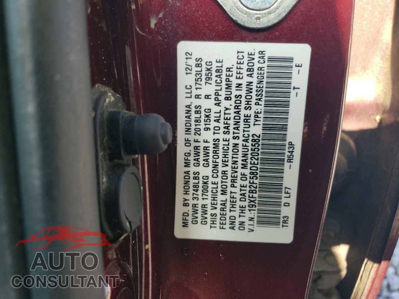 HONDA CIVIC 2013 - 19XFB2F58DE205582