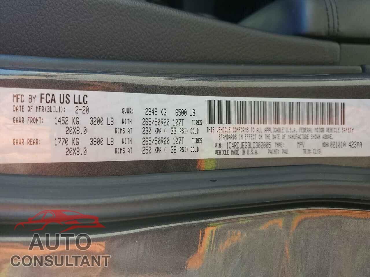 DODGE DURANGO 2020 - 1C4RDJEG3LC302005